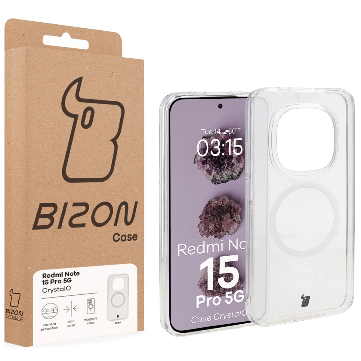 Przód pudełka Bizon Case z dedykowaną etykietą do Xiaomi Redmi Note 15 Pro 5G